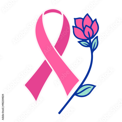 A pink ribbon and a blue flower, representing breast cancer awareness