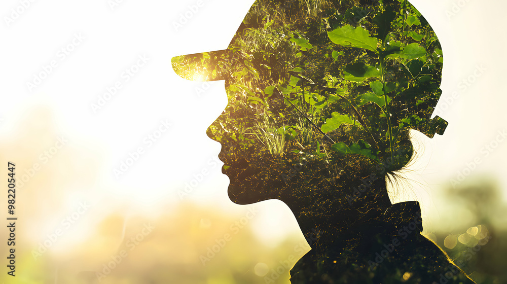 A silhouette of a person wearing a cap, overlaid with green foliage, set against a bright, glowing background, conveying a connection to nature. A silhouette of a person wearing a cap, overlaid with green foliage, set against a bright, glowing background, conveying a connection to nature.