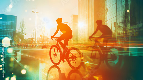 Wallpaper Mural Two cyclists ride through a cityscape at sunset, creating a vibrant silhouette effect against bright, warm colors. Torontodigital.ca