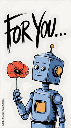 A minimalistic, eye-catching illustration of a blue robot with a squared head, holding a vibrant red poppy