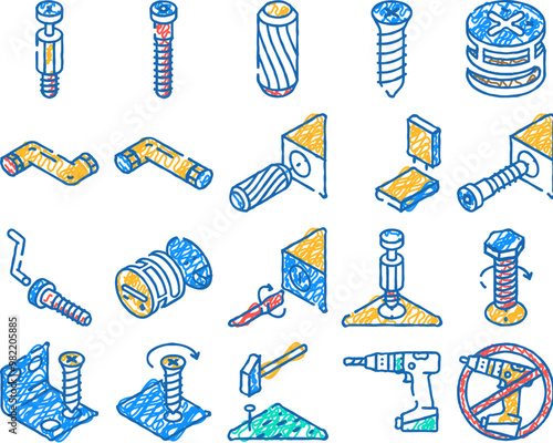 assembly instruction furniture doodle icons set vector. sketch line art manual diy, home repair tools construction, house assemble screw assembly instruction furniture color illustrations