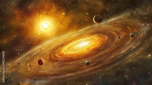 An image of a solar system in formation, with planets coalescing from a protoplanetary disk around a young star photo