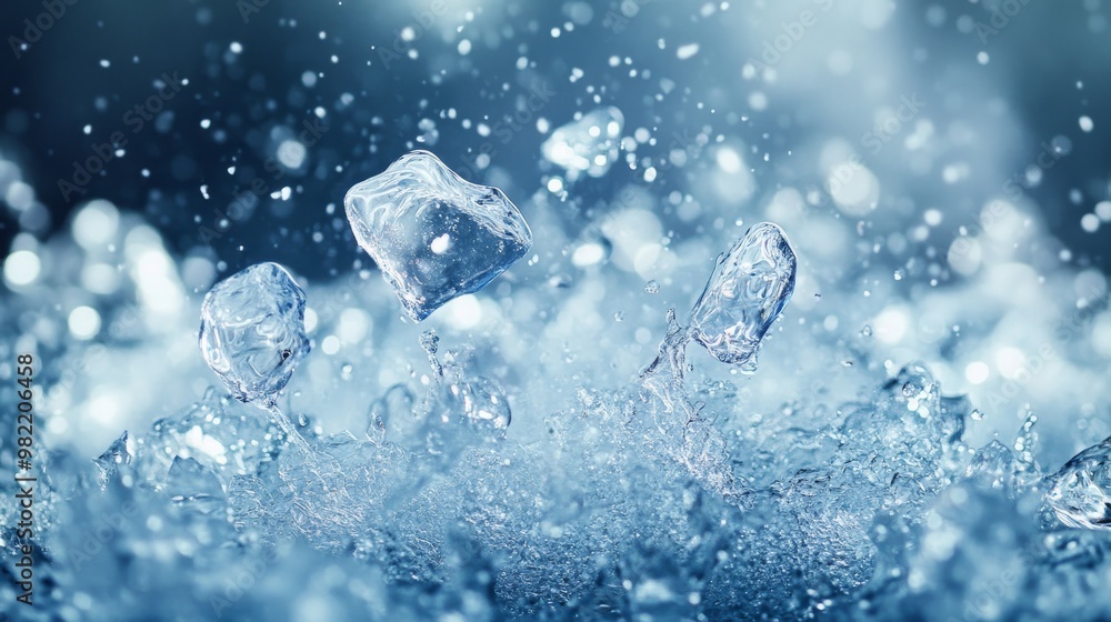Ice Cubes Splashing in Water with a Bokeh Background Ice Cubes Splashing in Water with a Bokeh Background