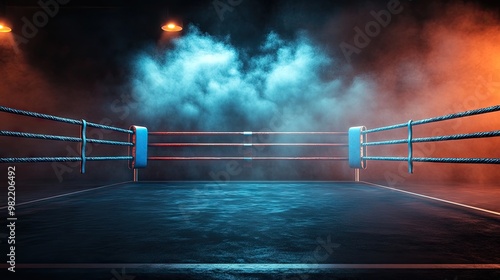 A professional boxing ring with a dark, smokey background and strong lighting highlighting the ring floor.