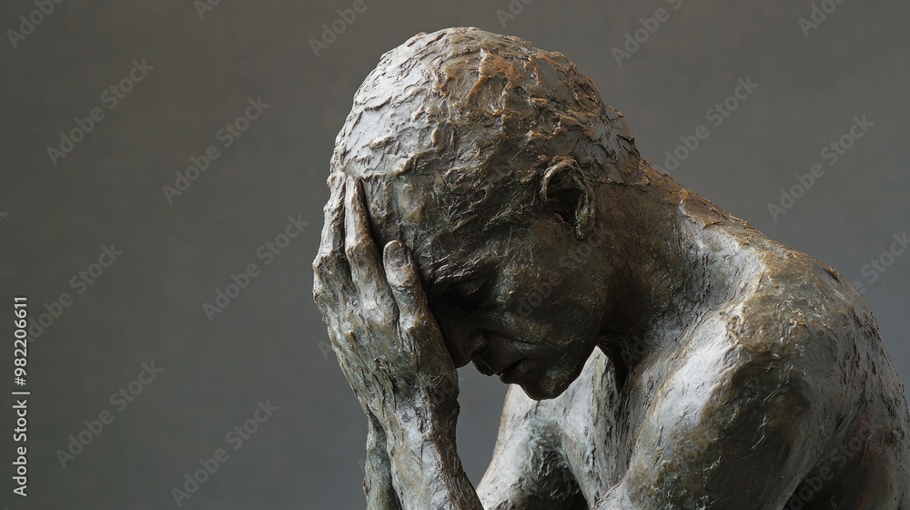 Obraz premium A sculpture of a man in deep thought, covering his face in worry, viewed from the side, creating an emotional and artistic display.