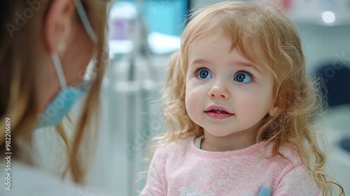 A mother holding her toddler in a doctors office, speaking with the pediatrician about the childs health and development. The setting is bright and clean, with medical equipment visible in the