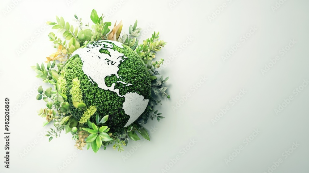 A stylized green Earth with nature-themed elements, set against a clean white background, promoting ecological balance. A stylized green Earth with nature-themed elements, set against a clean white background, promoting ecological balance.