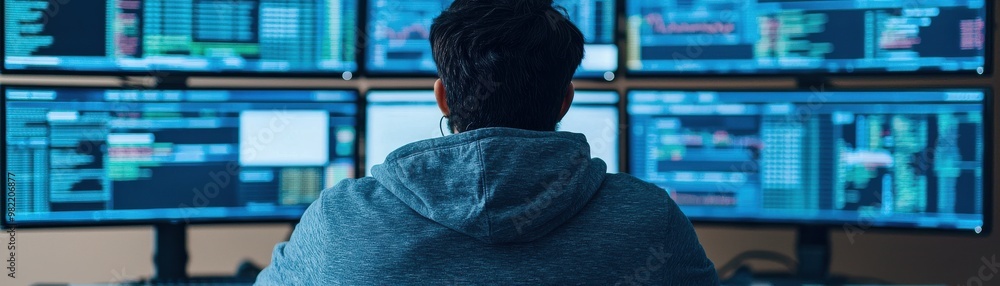 A focused individual analyzing data on multiple computer screens in a modern workspace, showcasing advanced technology and analytics. A focused individual analyzing data on multiple computer screens in a modern workspace, showcasing advanced technology and analytics.