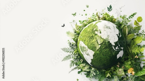 A stylized green Earth with nature-themed elements, set against a clean white background, promoting ecological balance.