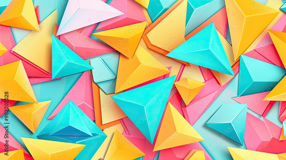 Mosaic of triangles and hexagons in bright yellow coral pink and sky blue tones Mosaic of triangles and hexagons in bright yellow coral pink and sky blue tones