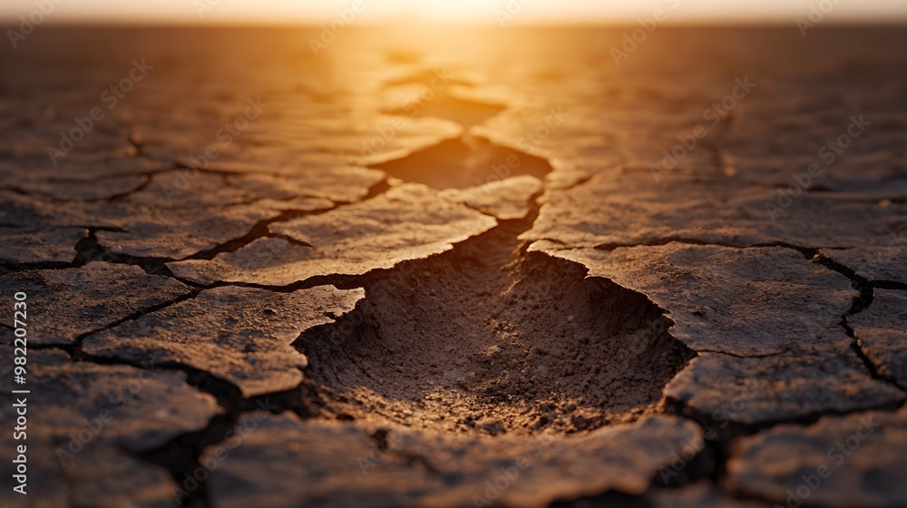 Obraz premium Cracked earth with footprints leading into the distance, visualizing the environmental impact of human actions on land