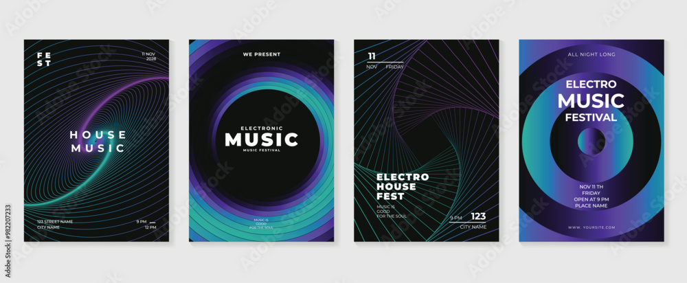 Fototapeta premium Music poster design background vector set. Electro Sound Cover template with vibrant abstract gradient geometric shape and line wave. Ideal design for social media, flyer, party, music festival, club.