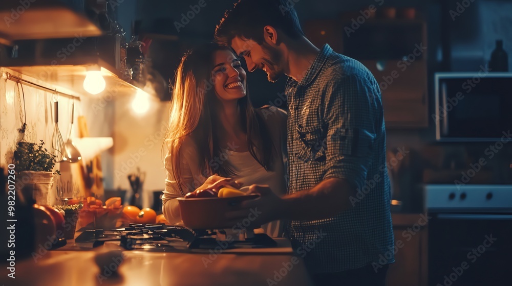 A young couple preparing a meal together in a dimly lit kitchen. A young couple preparing a meal together in a dimly lit kitchen.
