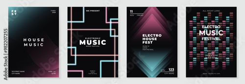 Music poster design background vector set. Electro Sound Cover template with vibrant abstract gradient geometric shape and line wave. Ideal design for social media, flyer, party, music festival, club.