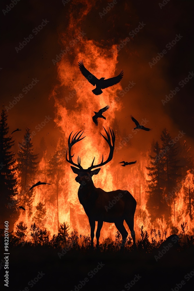 Deer, birds, and other wildlife escaping a forest engulfed in flames, illustrating the environmental toll of wildfires, ecological disaster concept Deer, birds, and other wildlife escaping a forest engulfed in flames, illustrating the environmental toll of wildfires, ecological disaster concept