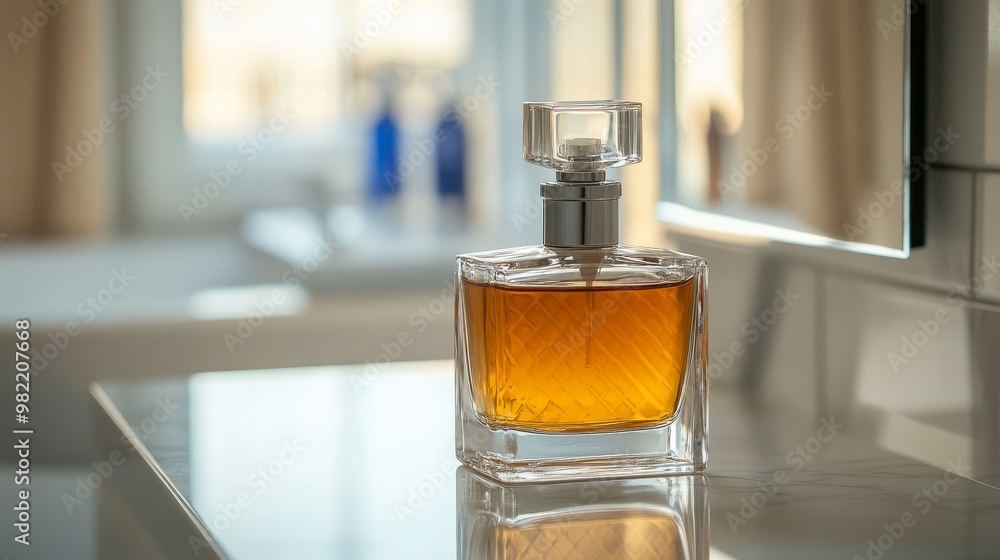 Elegant Cologne Bottle Displayed on Luxurious Bathroom Counter Elegant Cologne Bottle Displayed on Luxurious Bathroom Counter