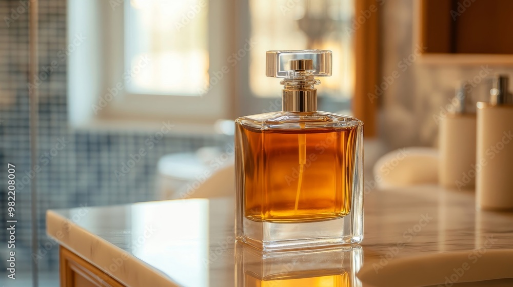 Elegant Cologne Bottle Resting on Luxurious Bathroom Counter Elegant Cologne Bottle Resting on Luxurious Bathroom Counter