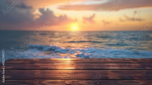 Mahogany tabletop with a blurred ocean view gentle waves and sunset hues for a serene vibe photo