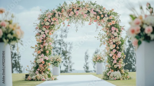 Romantic wedding arch covered in floral arrangements, set for a ceremony, with a clean white backdrop.