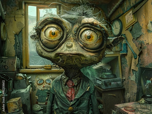 Surreal Creature with Big Eyes in a Dusty Room photo