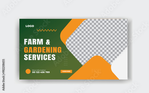Organic and agriculture service YouTube thumbnail design template, modern garden, 
social media cover and yellow color shapes