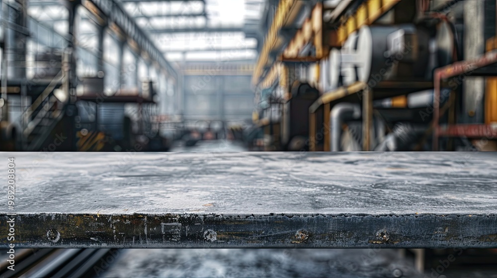 Metal tabletop with a blurred factory scene cool grey tones and distant machinery Metal tabletop with a blurred factory scene cool grey tones and distant machinery