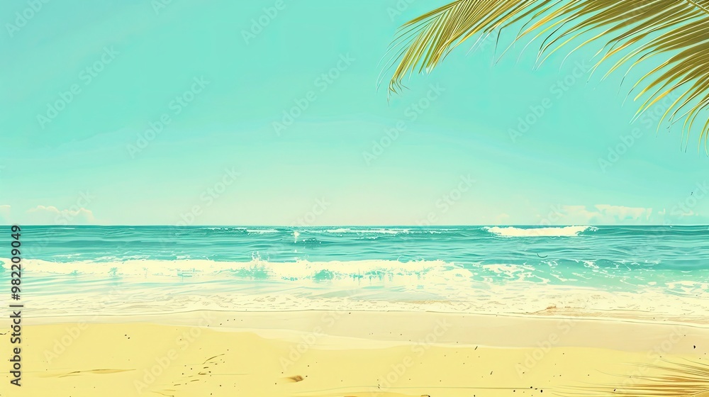 Minimalist summer wallpaper with sandy beach gentle waves clear sky and palm frond