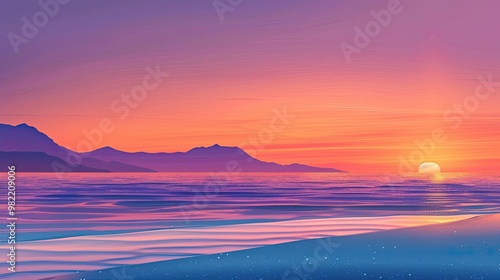 Sunset-inspired summer card with gradient sky distant mountains and calm ocean waves