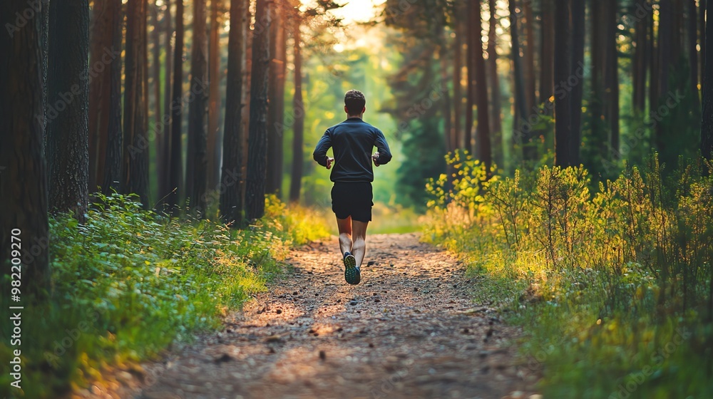 Man running through a forest path. Man running through a forest path.