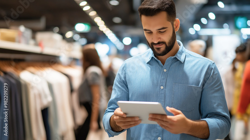 A brutal clothing sales Manager with a tablet inspects clothes in the sales area.