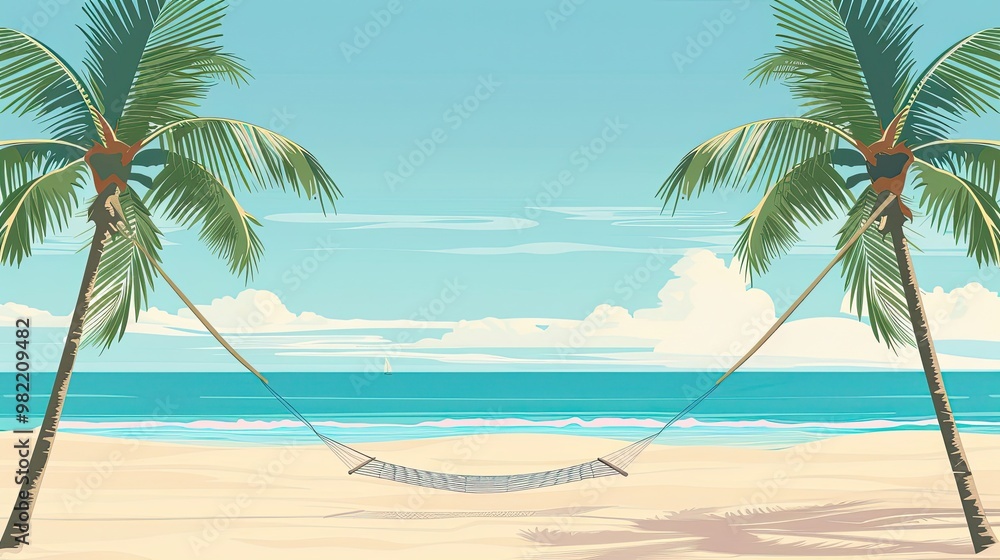 Obraz premium Tropical beach with hammock strung between palms clear blue sky and gentle waves