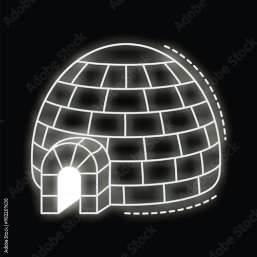 Neon sign representing an igloo glowing white with its small entrance, over a dark background