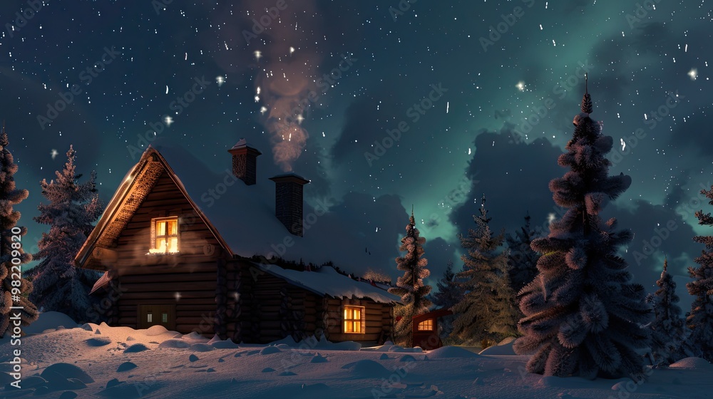 Cozy cabin with smoke from the chimney snow-covered trees and Northern Lights Cozy cabin with smoke from the chimney snow-covered trees and Northern Lights