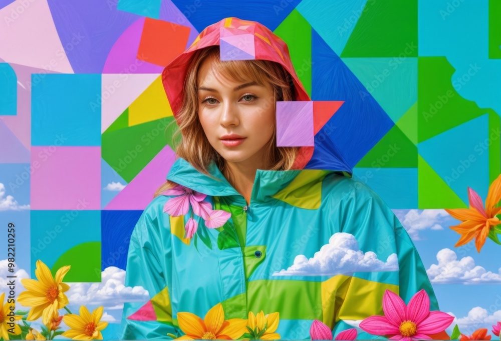 Fototapeta premium A vibrant, abstract composition features colorful geometric patterns overlaying a floral design.