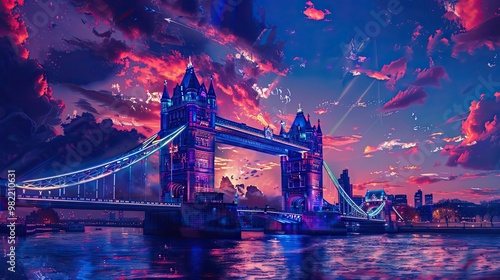 Imaginary Tower Bridge scene with deep blue river and crimson sunset sky