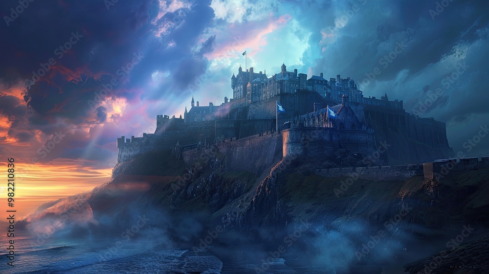 Fototapeta premium Imaginary Edinburgh Castle scene with white-blue light under a dramatic sunset