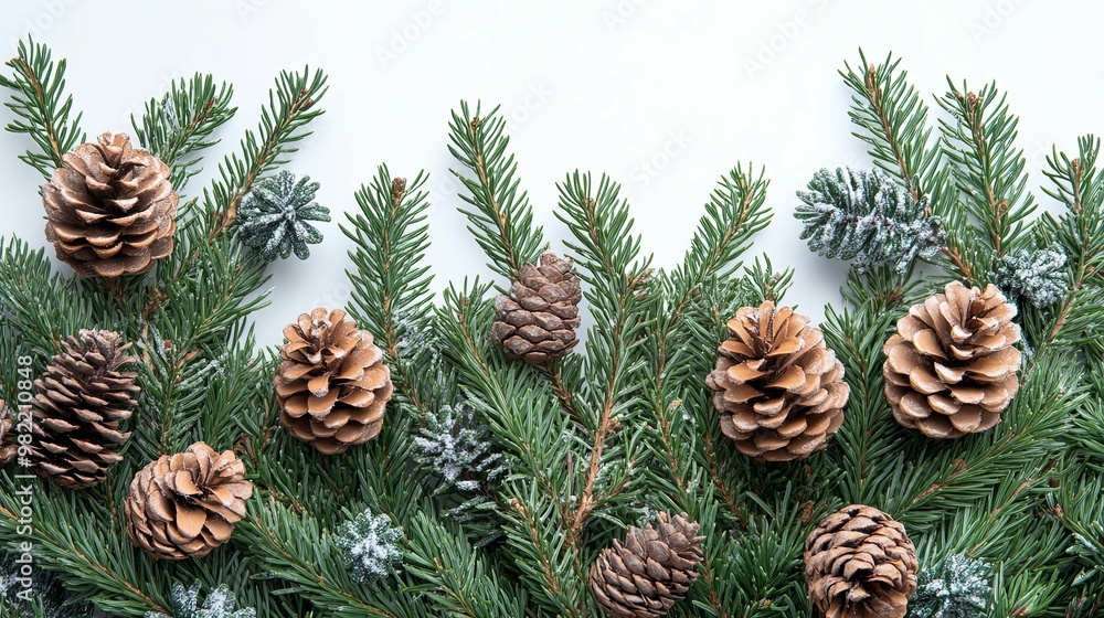 Pine Cones and Evergreen Branches with a White Background Pine Cones and Evergreen Branches with a White Background