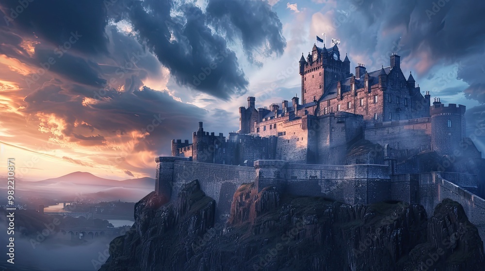 Fototapeta premium Edinburgh Castle-inspired scene with medieval fortress glowing under blue-white sky