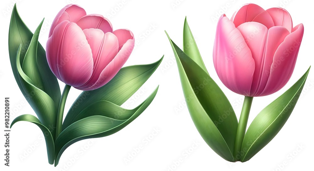 Pink tulip with green leaves, Single Pink Tulip Isolated on white background Pink tulip with green leaves, Single Pink Tulip Isolated on white background