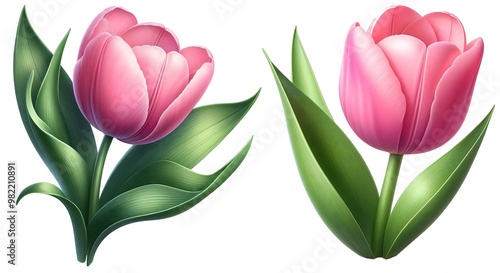 Wallpaper Mural Pink tulip with green leaves, Single Pink Tulip Isolated on white background Torontodigital.ca