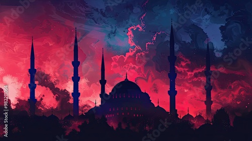 Fictional Sultan Ahmed Mosque shining under a red sky with white and blue hues photo