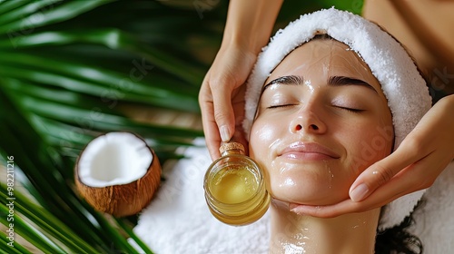 Woman Receiving a Facial Massage with Coconut Oil photo