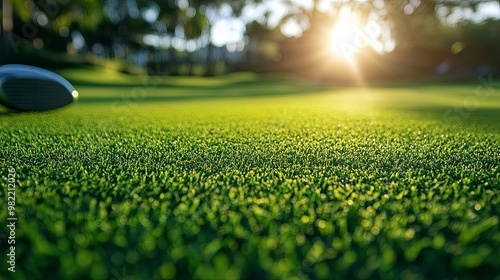 Close-Up View of a Golf Club Head on a Green Grass Putting Green with Sunlight Shining Through Trees in the Background photo