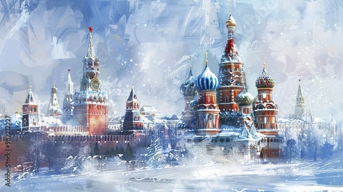 Non-real Kremlin in Moscow glowing in white blue and red under a wintery landscape