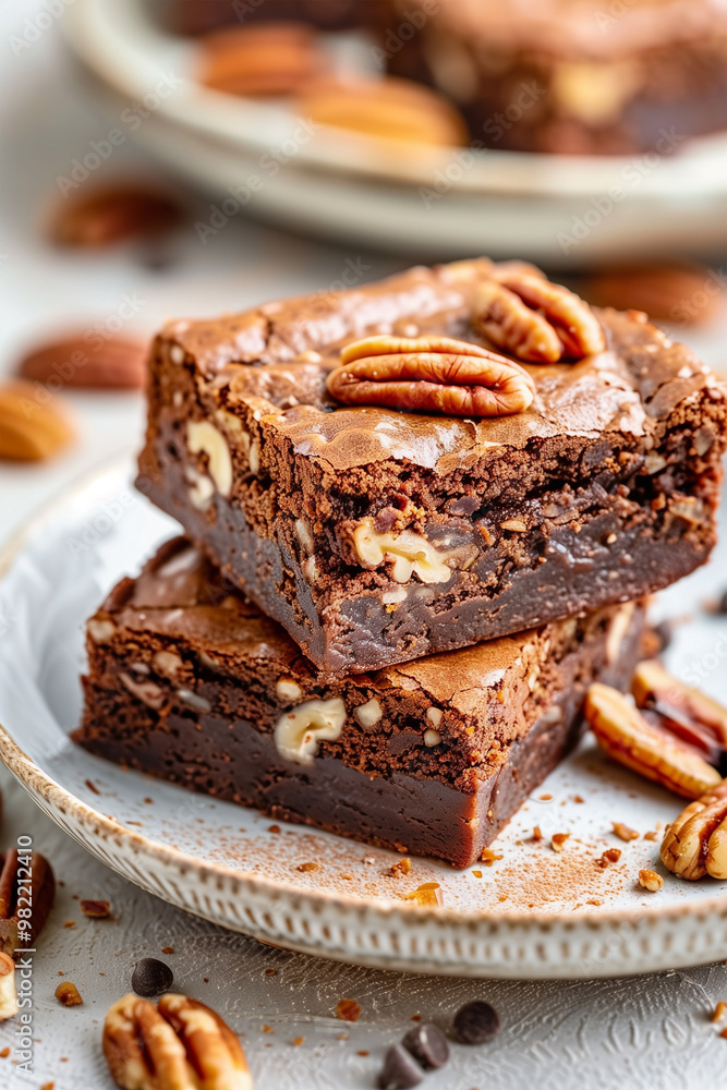Brownie Cake Portion, Chocolate Dessert with Pecan Nuts on White Plate, Vertical Food Photo. Brownie Cake Portion, Chocolate Dessert with Pecan Nuts on White Plate, Vertical Food Photo.