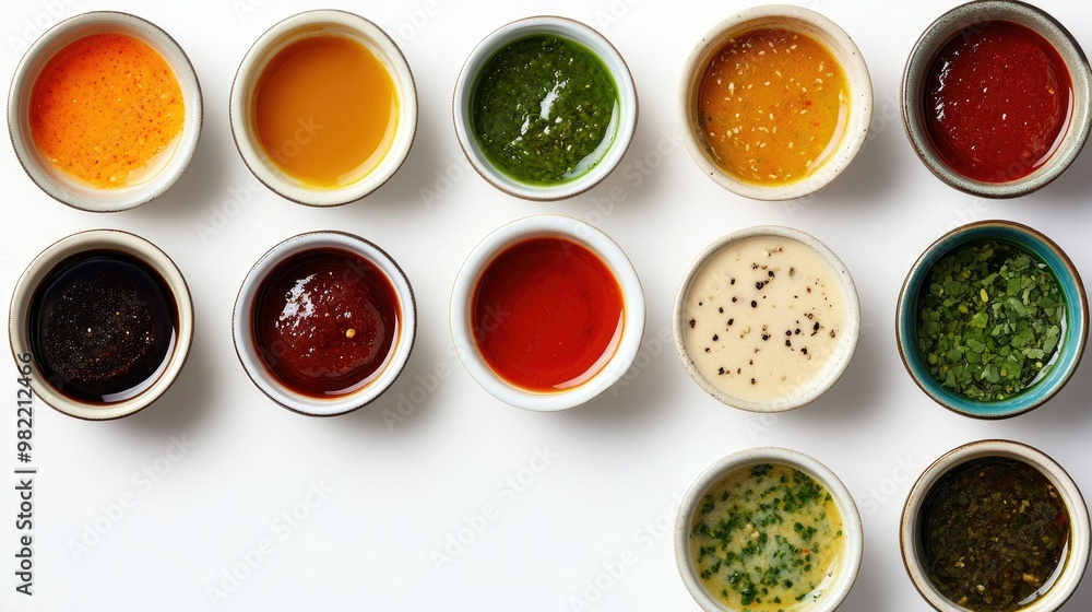 Top view of an assortment of bowls filled with different sauces, placed against a clean white background. Top view of an assortment of bowls filled with different sauces, placed against a clean white background.