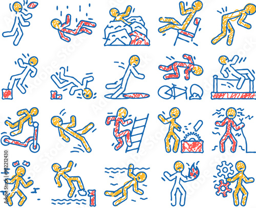 accident injury man person doodle icons set vector. sketch line art human car crash, fail safety, road danger, slip caution, work risk traffic accident injury man person color illustrations