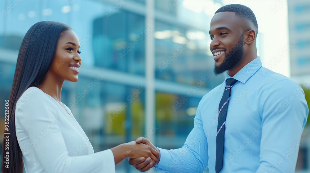 Black Business People Shaking Hands in Front of an Office, African American Businesswoman and Businessman Handshake in Team Meeting, DEI-Focused Hiring, Closing the Deal, Making Agreement. Black Business People Shaking Hands in Front of an Office, African American Businesswoman and Businessman Handshake in Team Meeting, DEI-Focused Hiring, Closing the Deal, Making Agreement.