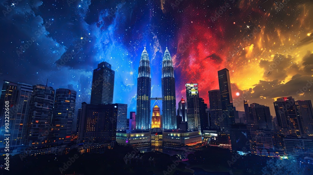 Imaginary Petronas Towers illuminated in Malaysian flag colors against a starry night sky Imaginary Petronas Towers illuminated in Malaysian flag colors against a starry night sky
