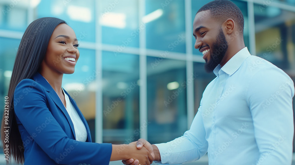 Black Business People Shaking Hands in Front of an Office, African American Businesswoman and Businessman Handshake in Team Meeting, DEI-Focused Hiring, Closing the Deal, Making Agreement. Black Business People Shaking Hands in Front of an Office, African American Businesswoman and Businessman Handshake in Team Meeting, DEI-Focused Hiring, Closing the Deal, Making Agreement.